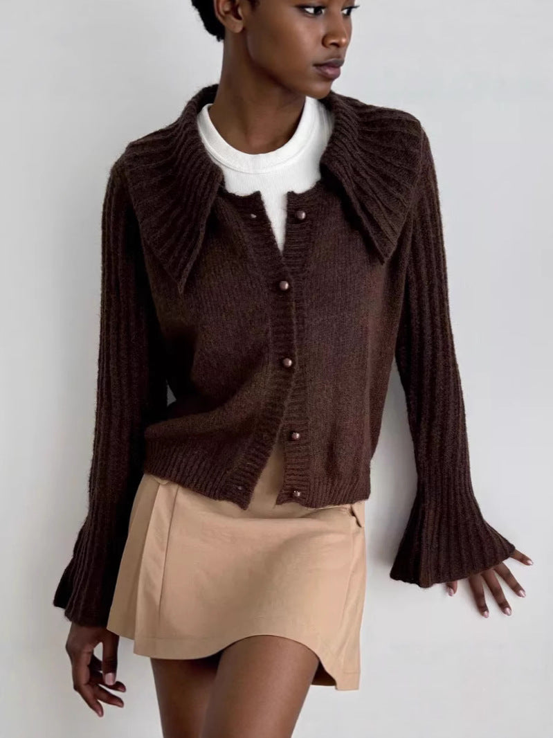Womens Short Knitted Cardigan with Lapel Collar and Flared Sleeves