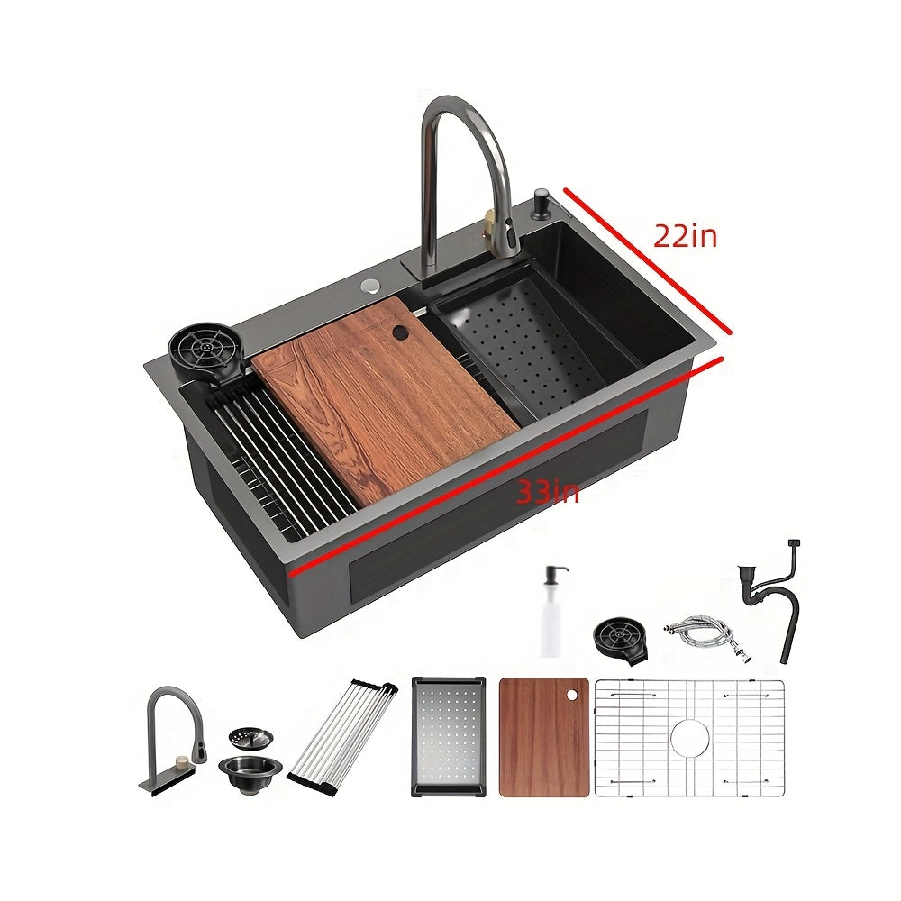 Stainless Steel Smart Waterfall Kitchen Sink with Pull-Down Faucet