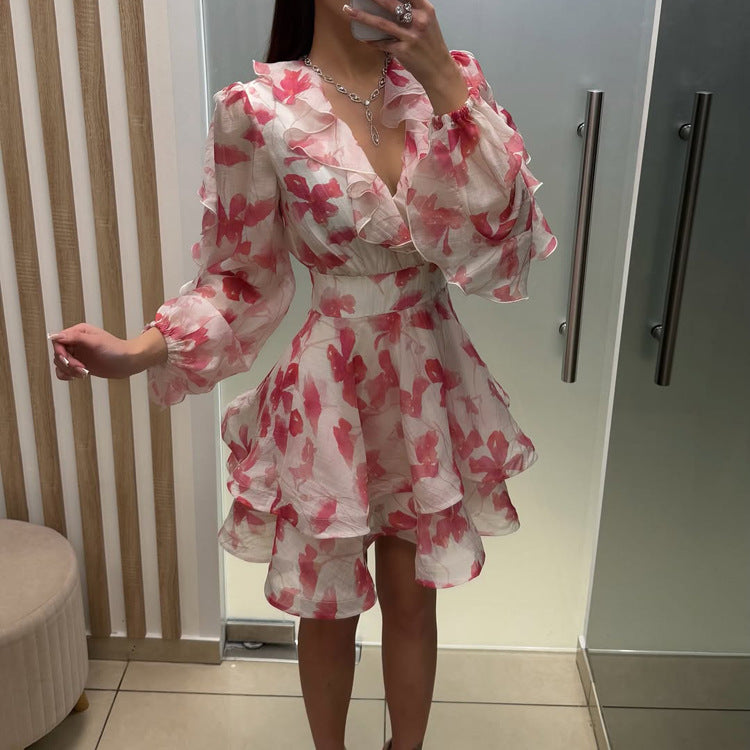 Floral Ruffle V-neck Layered Mini Dress