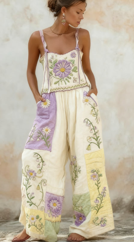 Bohemian Style Rose Embroidered Floral Patchwork Jumpsuit