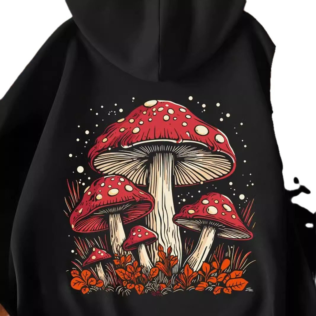 Women's Mushroom Print Velvet Hoodie Streetwear Sweatshirt