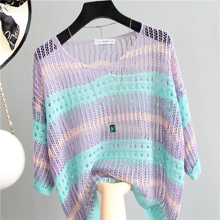 Womens Hollow-out Loose Striped V-neck Pullover Top