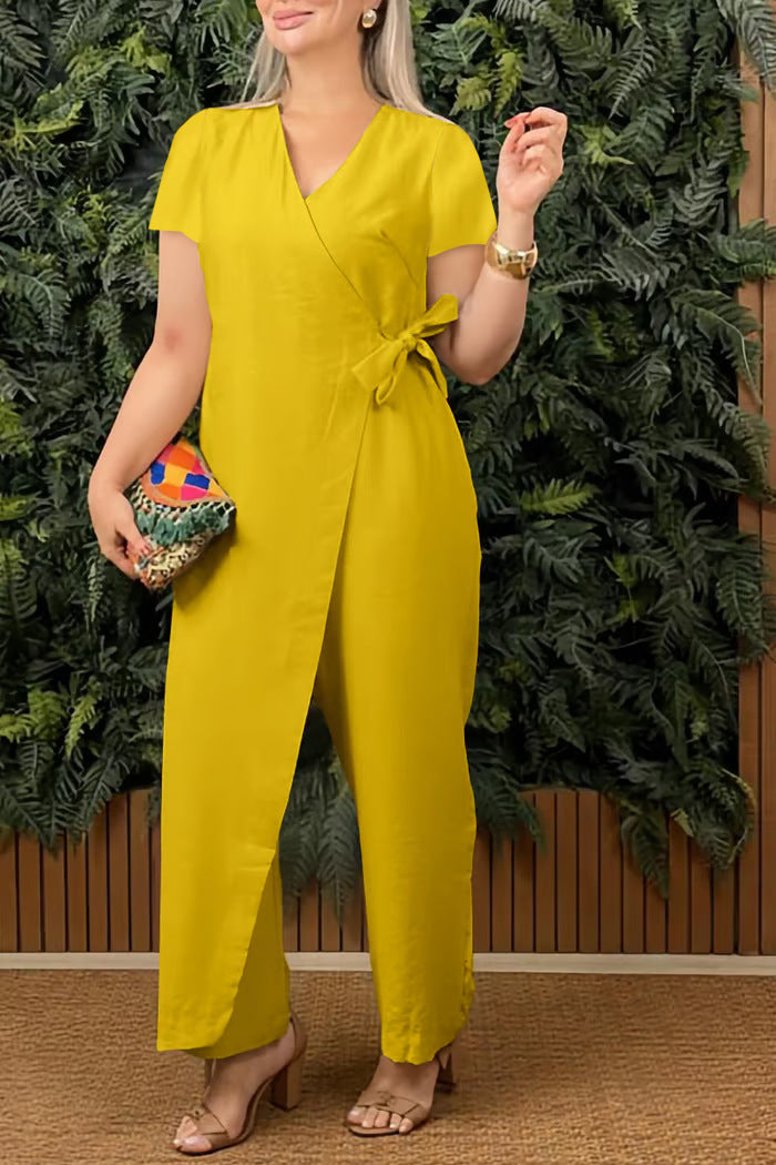 Women's Casual V-Neck Cross-Strap Jumpsuit