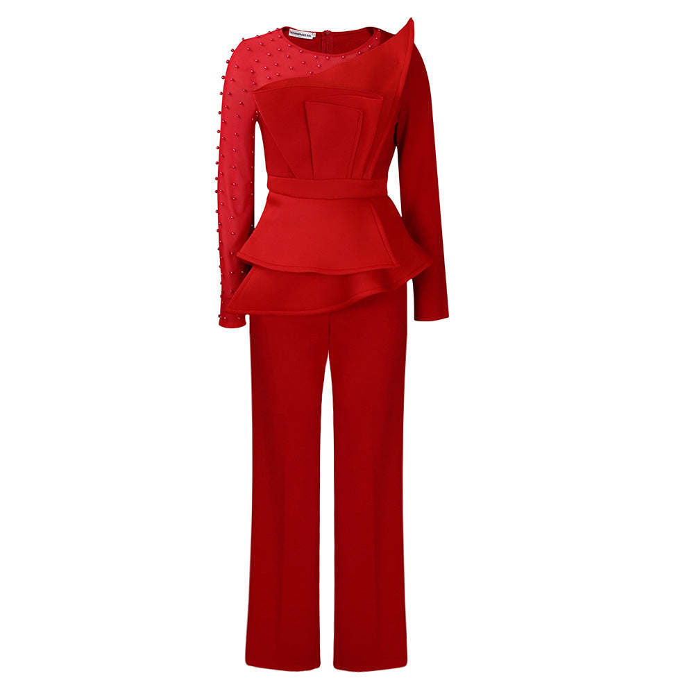 Plus Size Mesh Splicing Beaded Banquet Jumpsuit