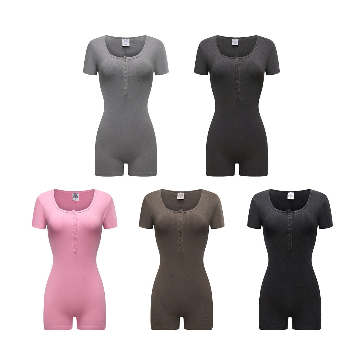 U-neck Buttoned Slimming One-piece Jumpsuit With Shorts