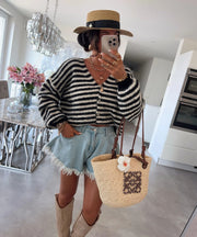 Womens Stylish and Minimalist Striped Long-sleeve Cardigan with a Row of Buttons