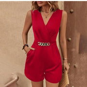 Chic V-Neck Sleeveless Jumpsuit with Belt & Pockets