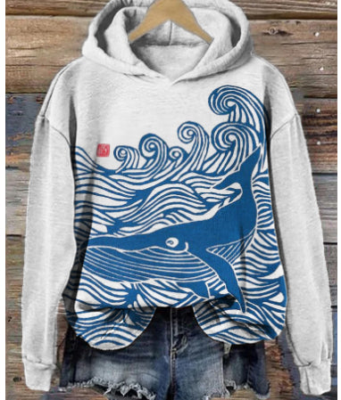 Plus Size Plum Blossom Hooded Casual Pullover