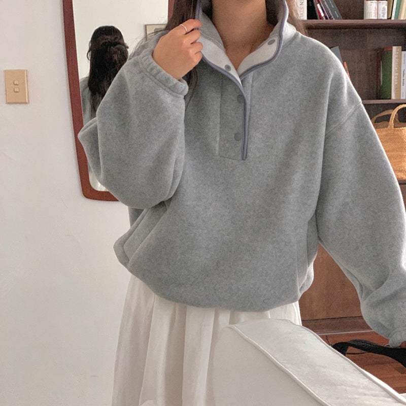 Cozy Stand Collar Fleece Pullover Sweater Top