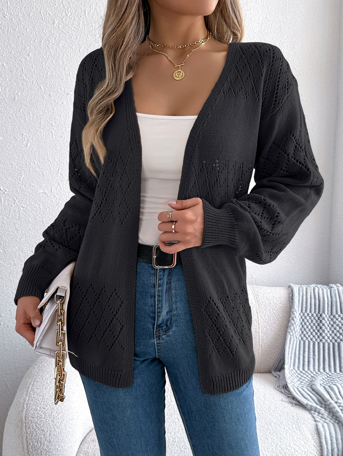 Women Casual Solid Color Hollow Out Lantern Sleeve Mid-length Cardigan Sweater