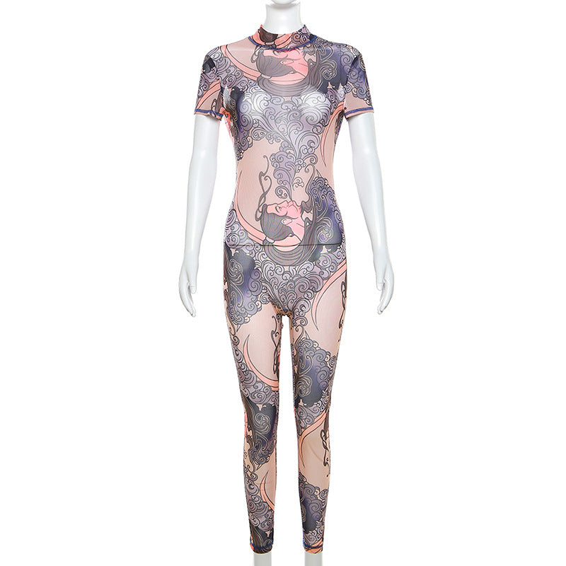 Women's Floral Mesh Backless Tight Jumpsuit