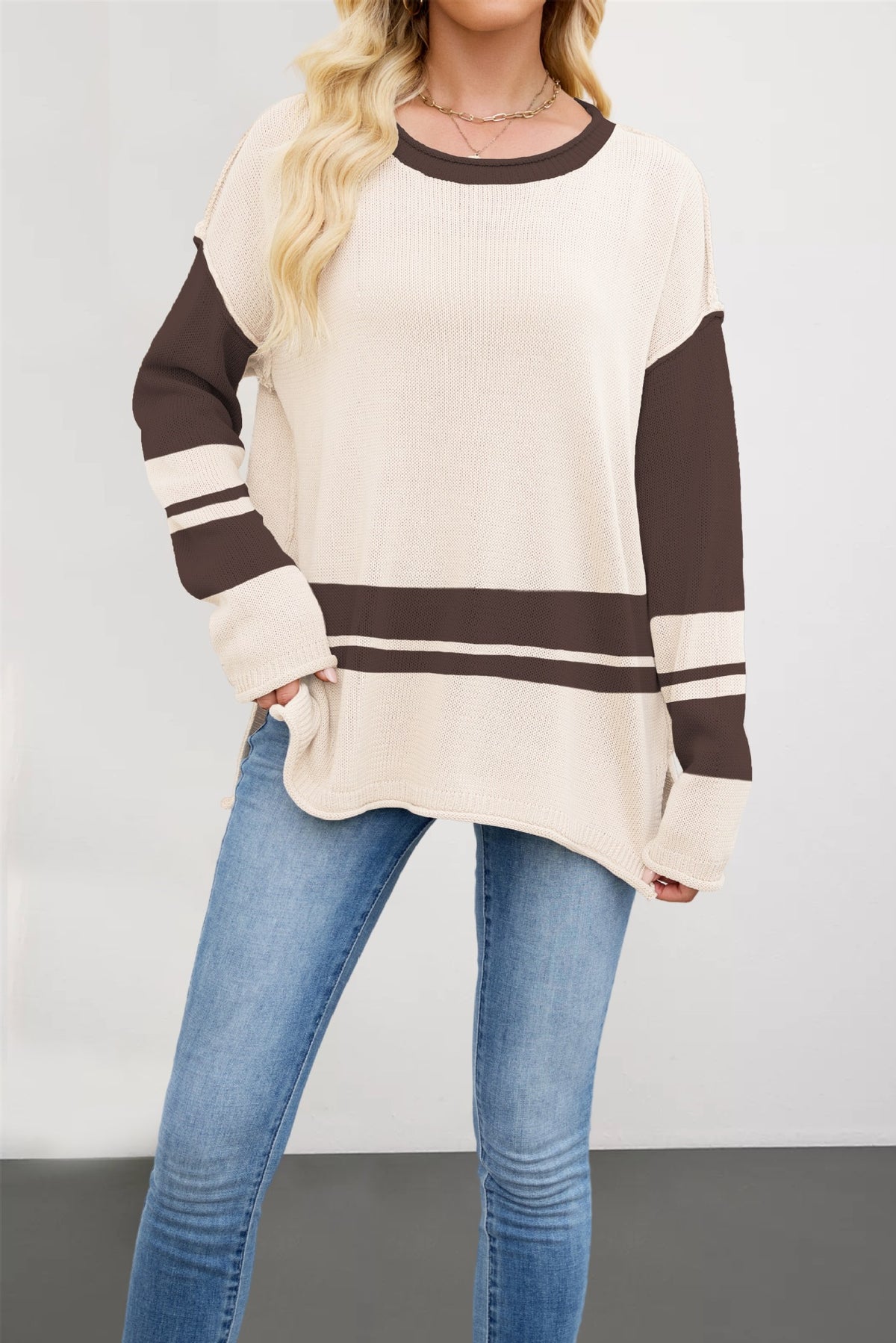 Color-block Crew Neck Loose Versatile Jumper
