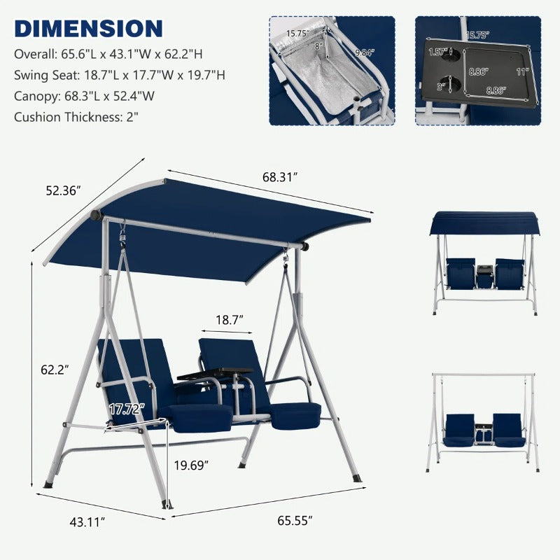 2-Person Outdoor Porch Swing with Stable Stand, Swing Chair Featuring Adjustable Canopy & Built-in Cup Holders, Weather-resistant Leisure Furniture for Yard, Garden and Deck