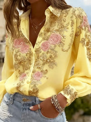 Retro Collared Button-down Loose Long-sleeved Shirt