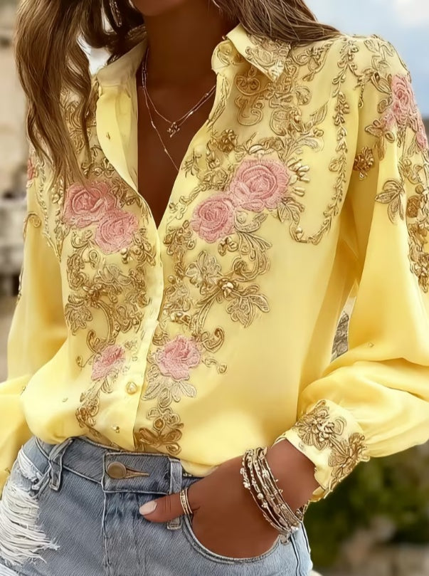 Retro Collared Button-down Loose Long-sleeved Shirt