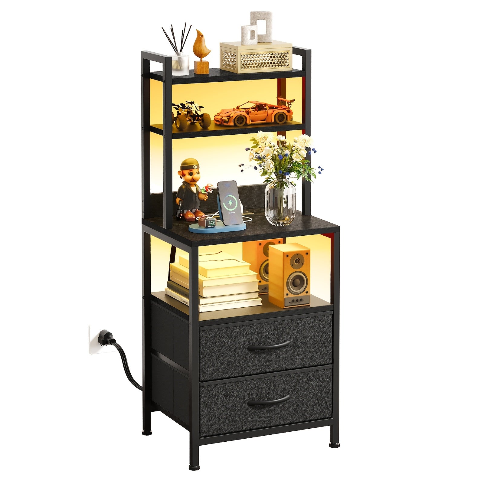 39‑Inch Nightstand with Charging Station, Two Fabric Drawers, LED Light and USB Port – Black
