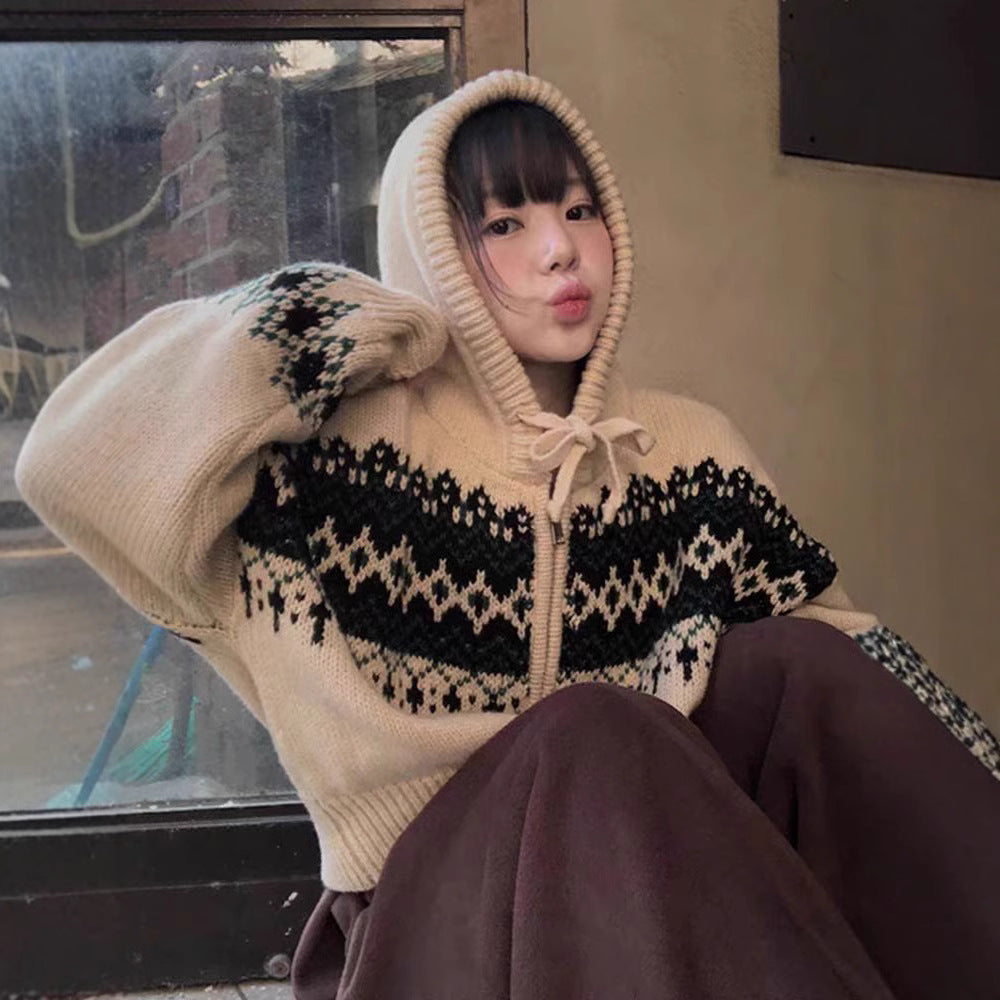 European Style Contrast Color Fair Island Jacquard Loose-fitting Long Sleeve Hoodie Sweater Coat