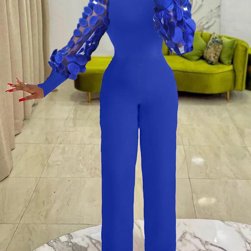 Embroidered Mesh Sleeve Slim Fit Commuter Jumpsuit