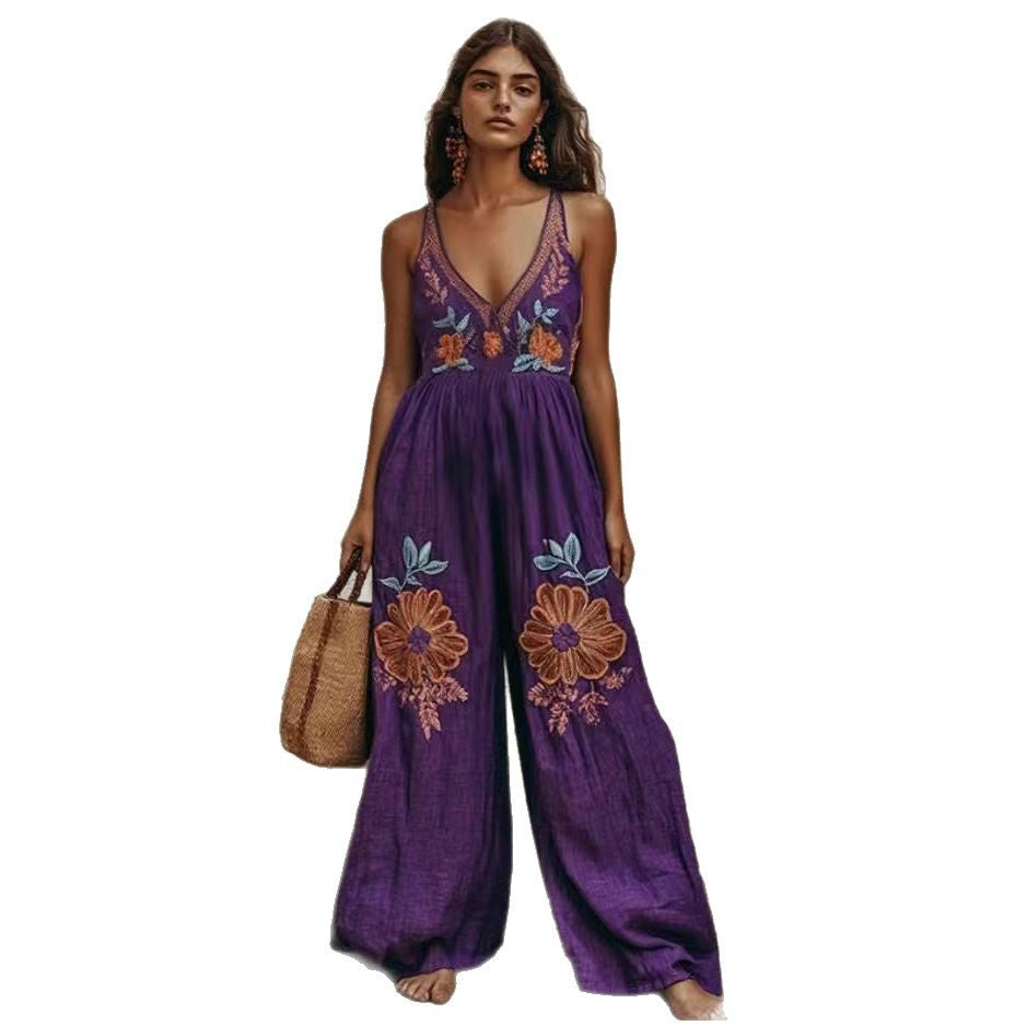 Retro Floral Cotton-Linen Wide-Leg Jumpsuit