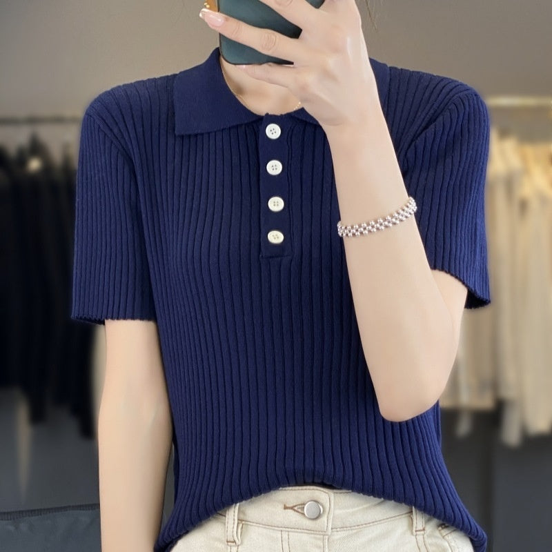 Navy Blue Hollow Striped Short Sleeve