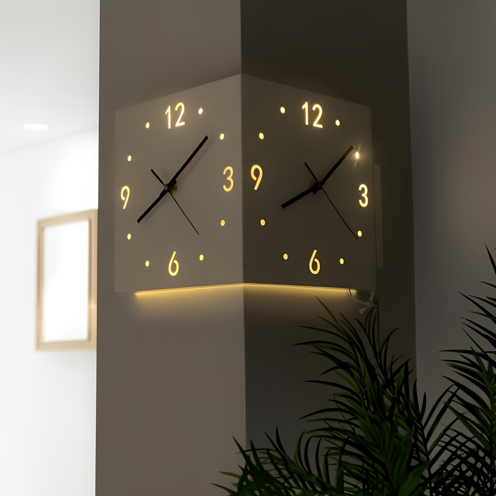 Punch-free Creative Clock Wall Lamp, Home Decoration Pendant Corner Clock, Living Room Luminous Double-sided Wall Clock Light Luxury LED Luminous Corner Clock, Voice Induction Luminous