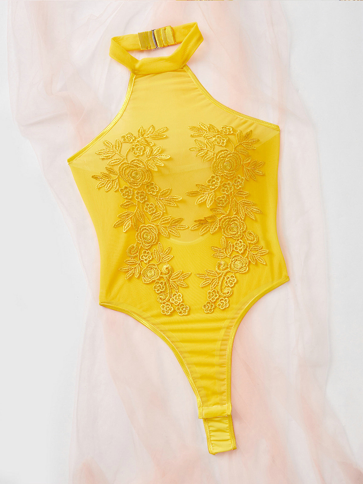Sheer Floral Lace Slim-Fit Bodysuit Lingerie Jumpsuit