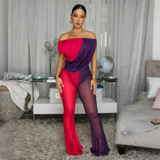Chic Off-Shoulder Mesh Colorblock Jumpsuit
