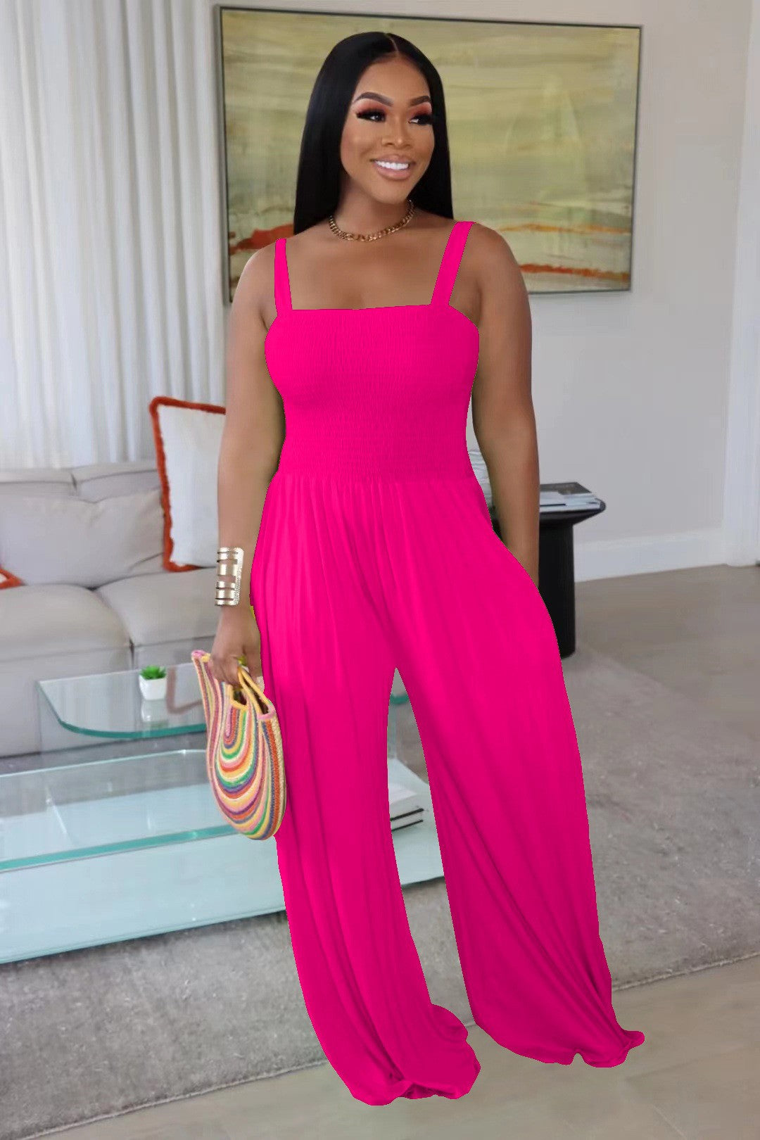 Casual Solid Color Strap Tube Top Wide Leg Jumpsuit