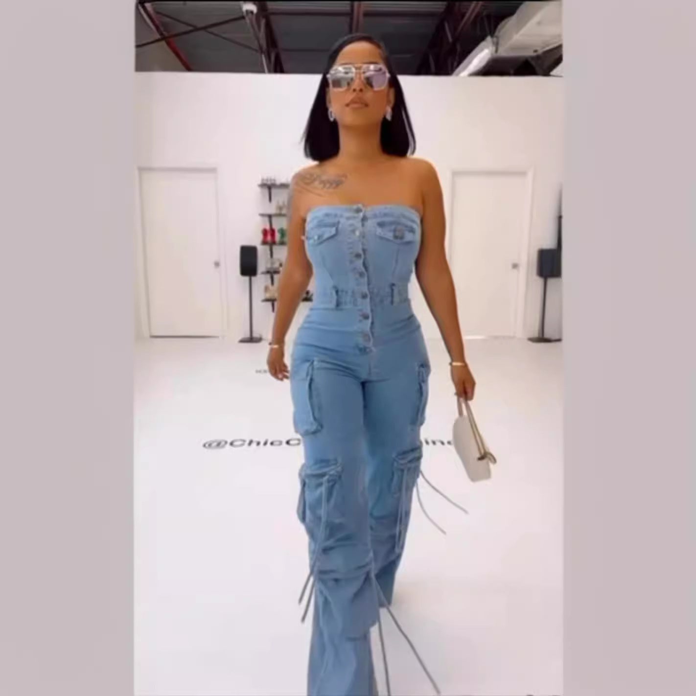 Denim Tube Top Multi-Pocket Workwear Jumpsuit