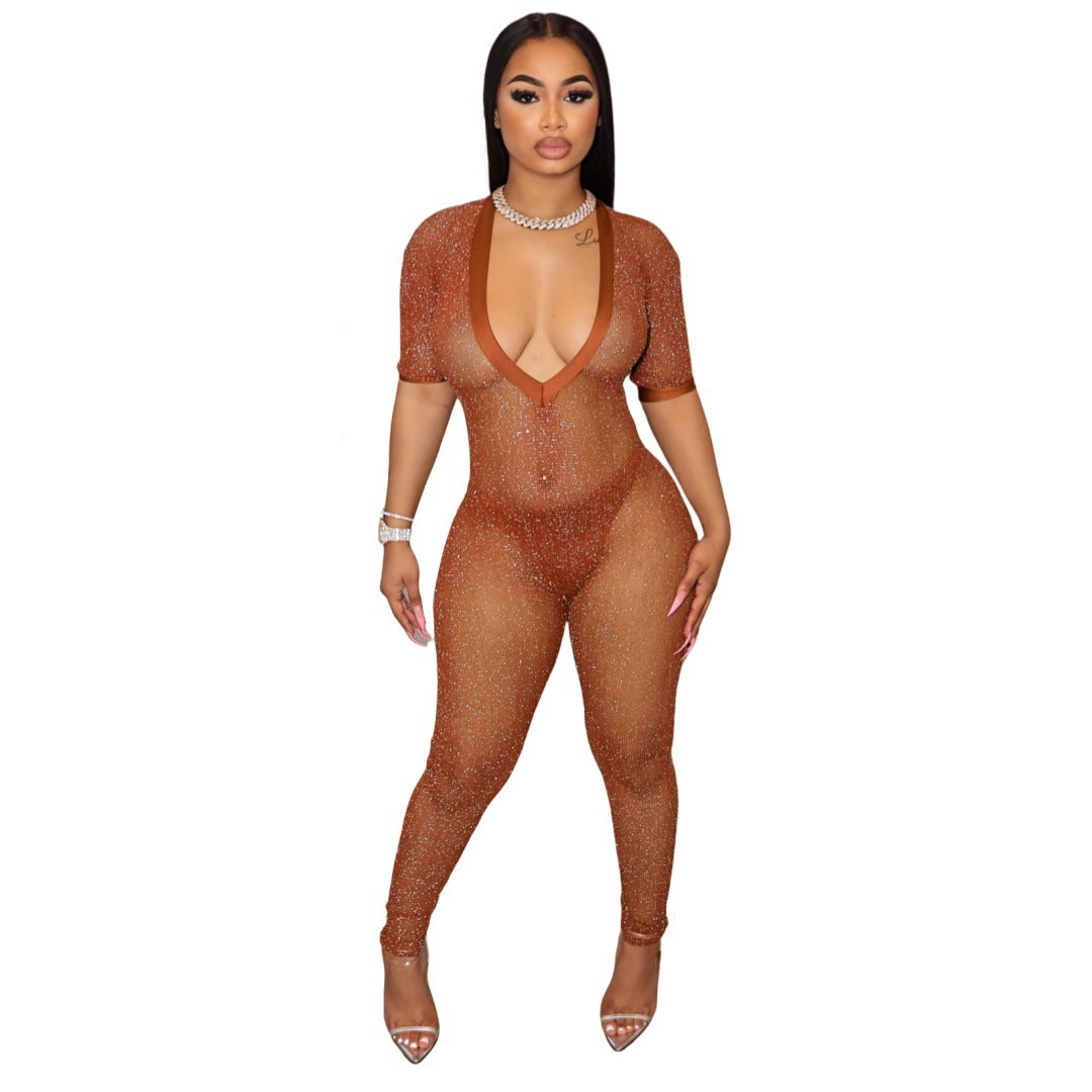 Fashionable Semi-Transparent Wide V-Neck Jumpsuit