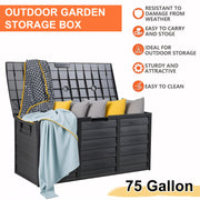 75 Gallon Heavy-Duty Waterproof Outdoor Storage Box with Flip-Top Lid, Heavy-Gauge Nylon Deck Box & Rack System - Large Capacity Mobile Cabinet with Handles & Wheels for Pool, Garden, Patio, Campin...
