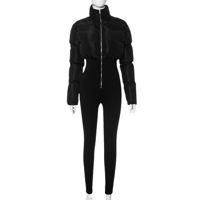 Thermal Stretchy Solid Color Zipper One-Piece Bodysuit Pants
