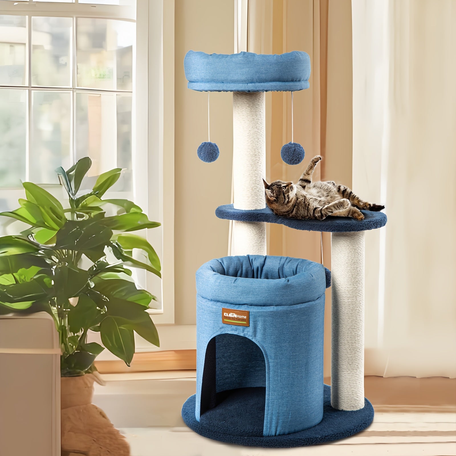 Clevahome Deep Denim Blue Cat Tree With Cozy Condo, 32 Inches, Sisal Scratching Posts, Plush Perches & Pom-Pom Toys - Perfect For Indoor Cats | Cat Furniture Celebrate Pet Day | Solid Construction,...