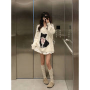 Cat Jacquard Artificial Mink Hair V-neck Sweater