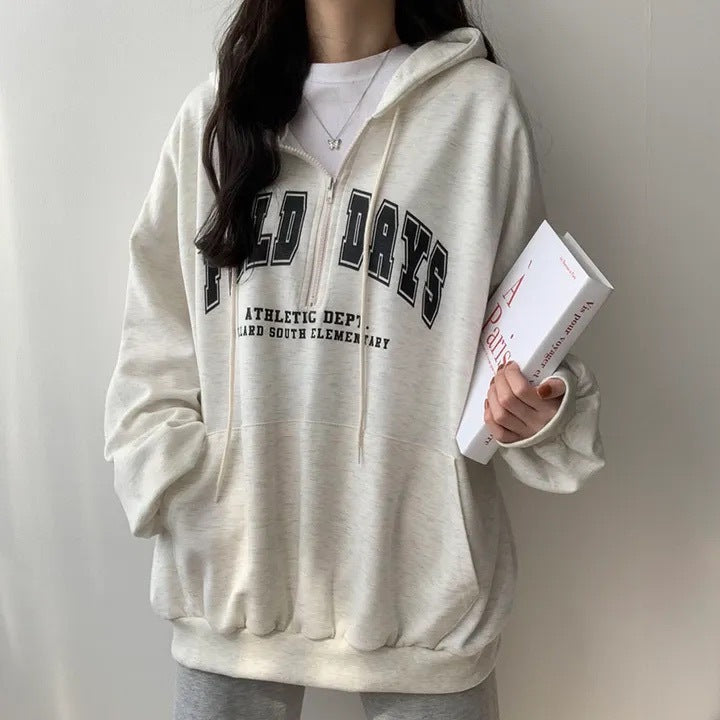 Youth Zipper Letter Sweater Casual Hoodie