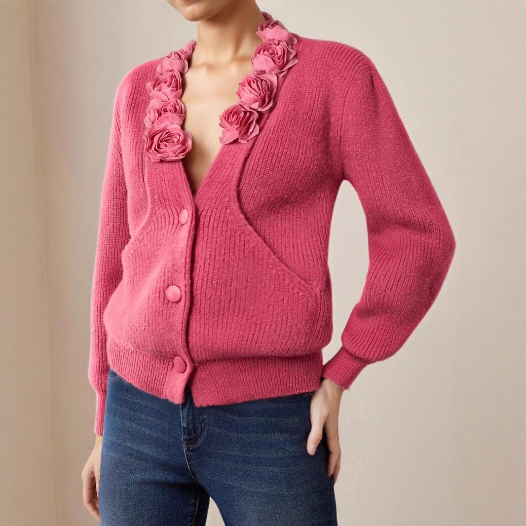 Autumn and Winter French Rose V-neck Sweater