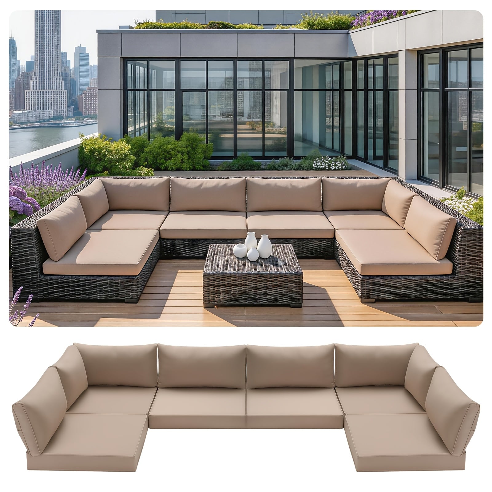 4 Inch Thick, Comfortable, Soft, Deep-seated Outdoor Terrace Furniture Cushion Replacement 8pcs Set | Solid Color, Dark Gray, Non-slip, All-weather Anti-ultraviolet Fading, Antifouling And Waterproof Sofa Cushion