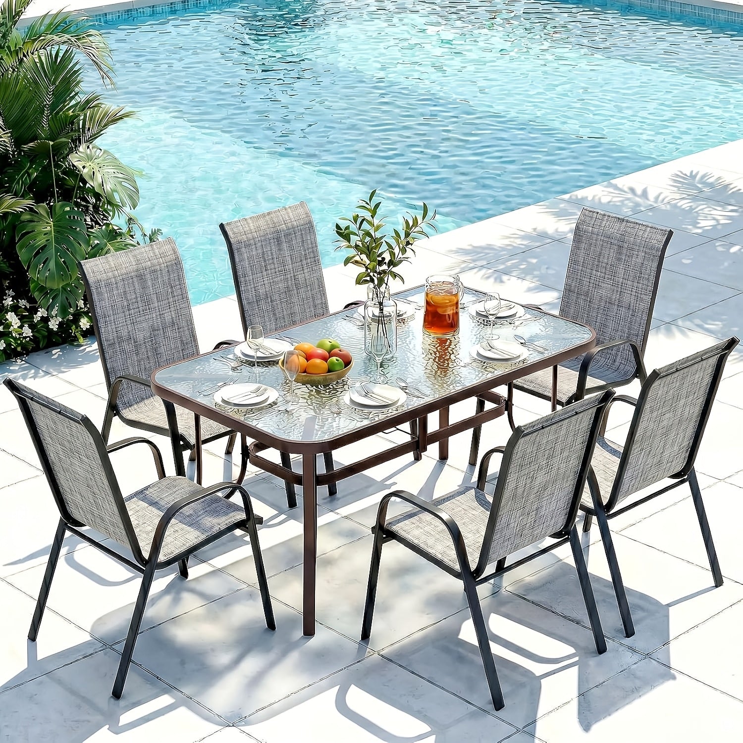 [All Weather Patio Set] Patio Dining Set for 6, Outdoor Table And Chairs W/ 1.69" Umbrella Hole, 30" X 55" Table And Stackable Textilene Chair, All Weather Patio Furniture Set (Umbrella Not Included)