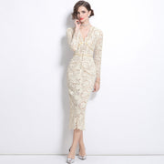 Handmade Floral Long Lace Dress with V Neck for Formal Occasions