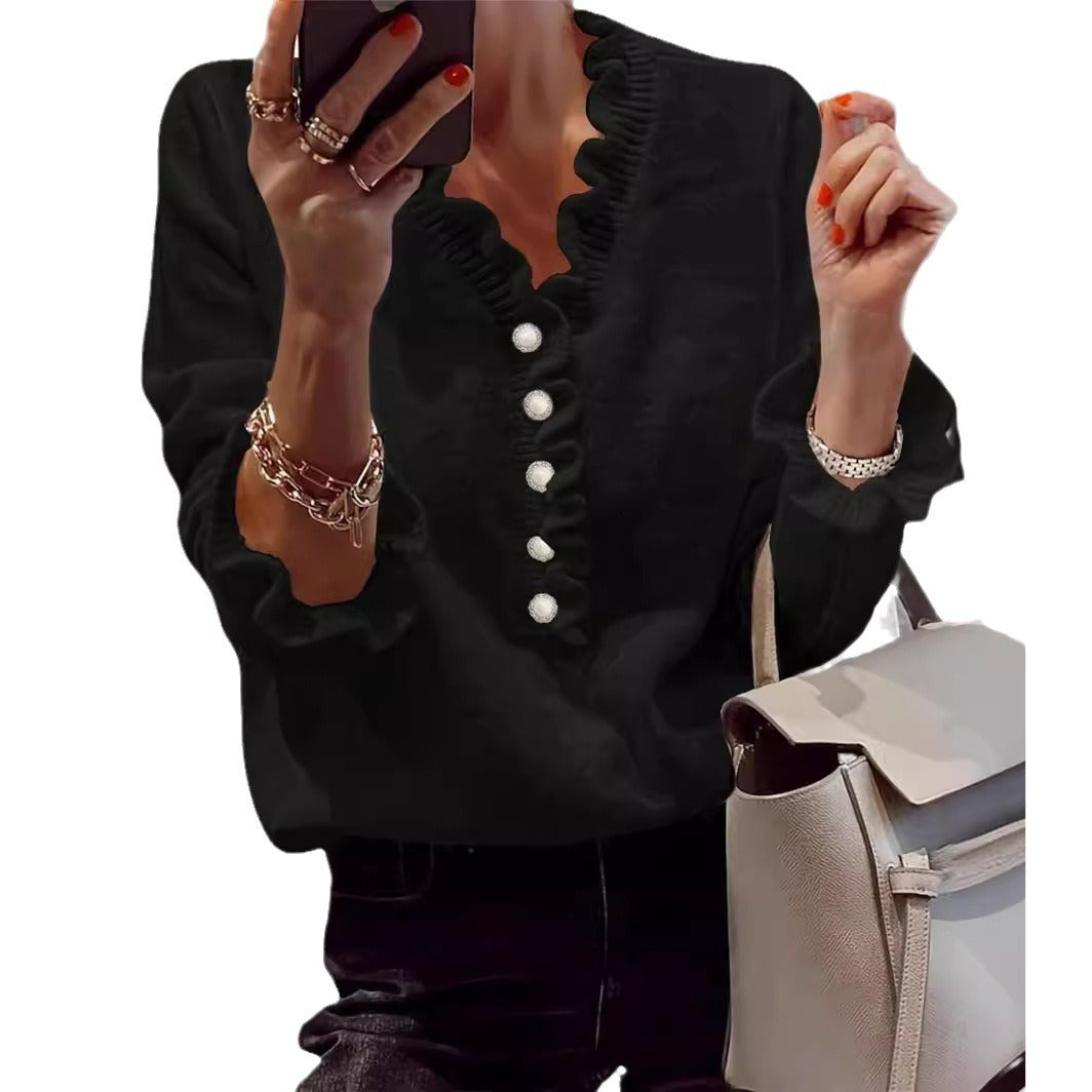 Long-sleeve Ruffled V-neck Knit Sweater