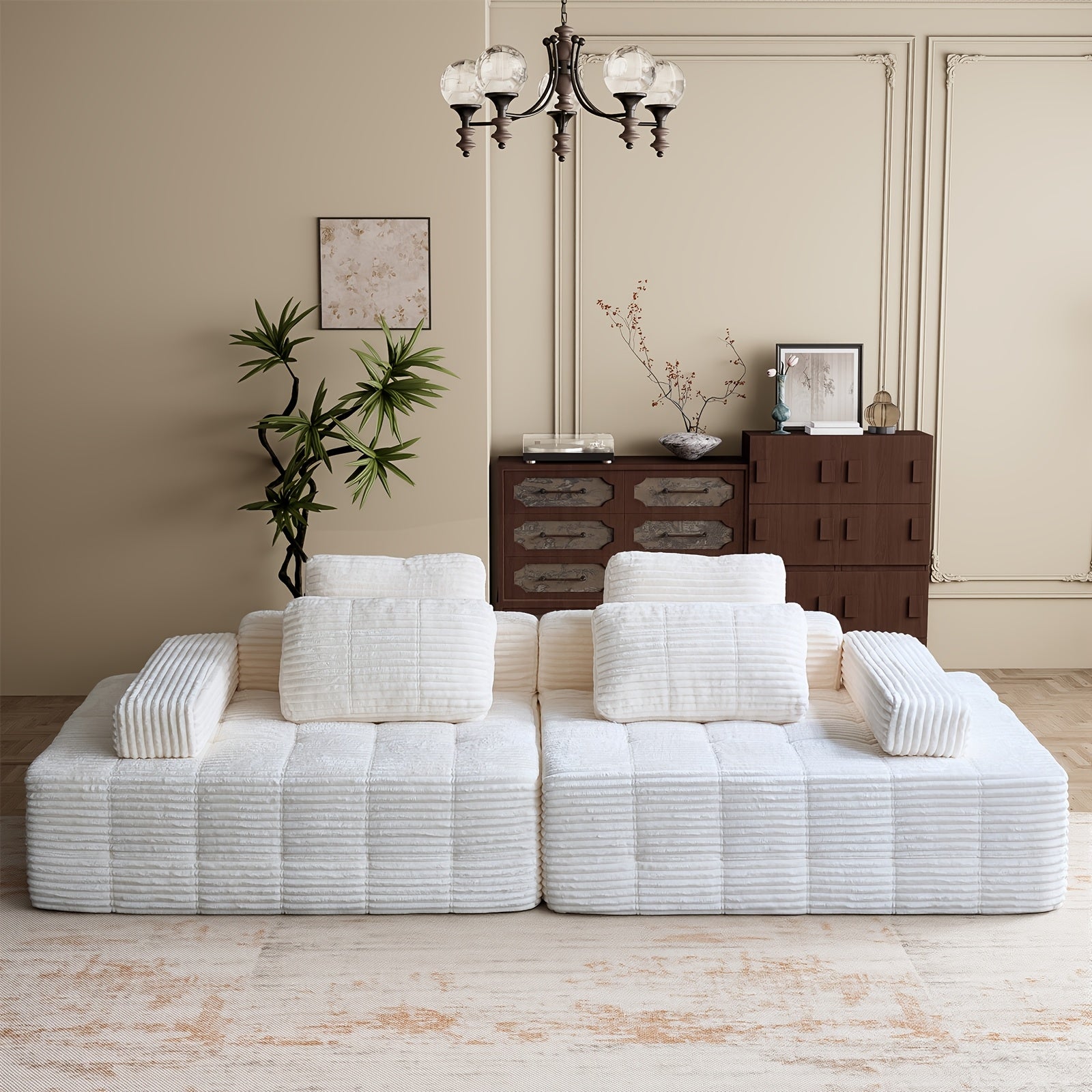 Modular L-shaped chaise longue sofa bed with deep seat and corduroy upholstery