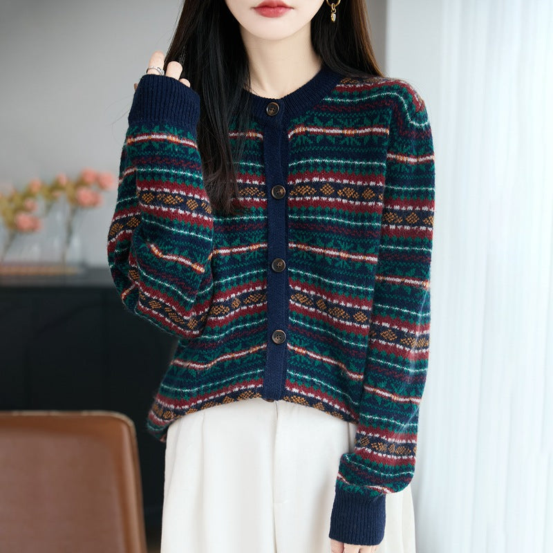 Womens Retro Jacquard Crew-neck Long-sleeve Sweater