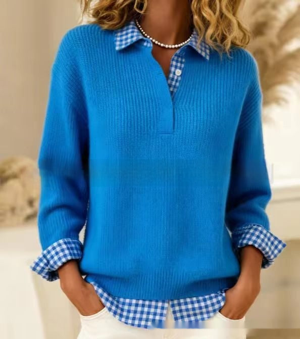 Womens Patchwork Sweater with a Shirt Collar for a Casual Fashionable Look