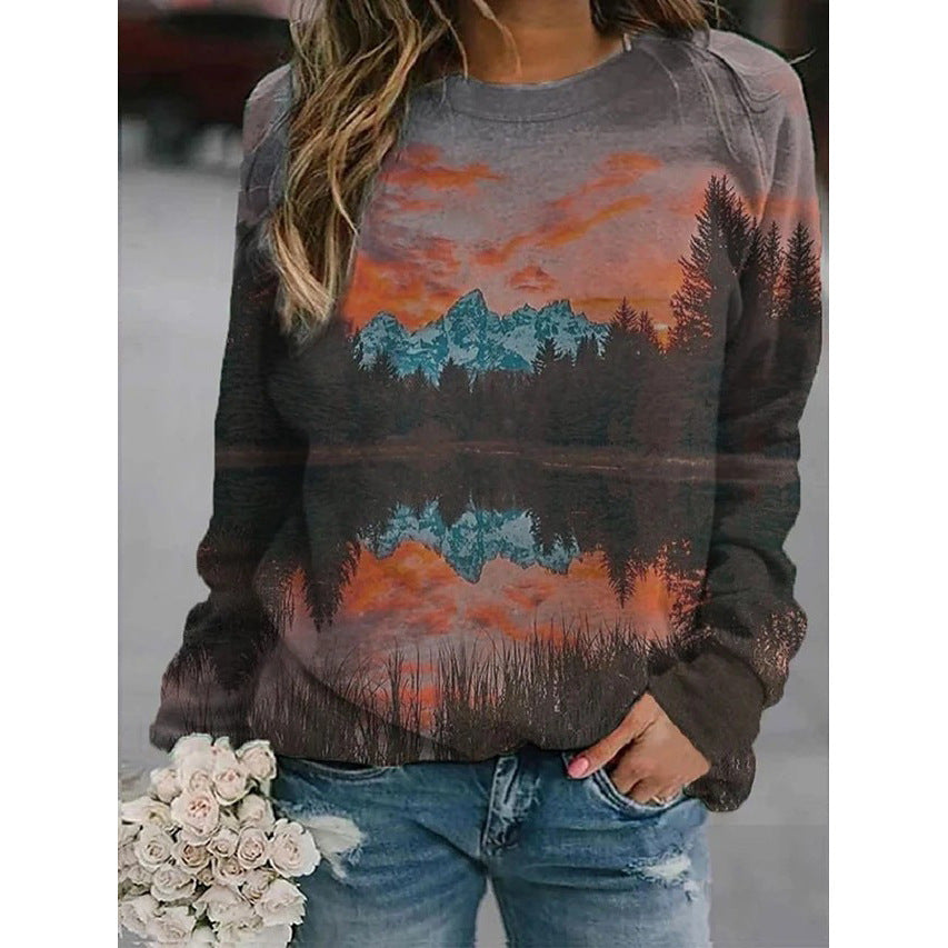 Floral Landscape Print Long Sleeve Streetwear Pullover