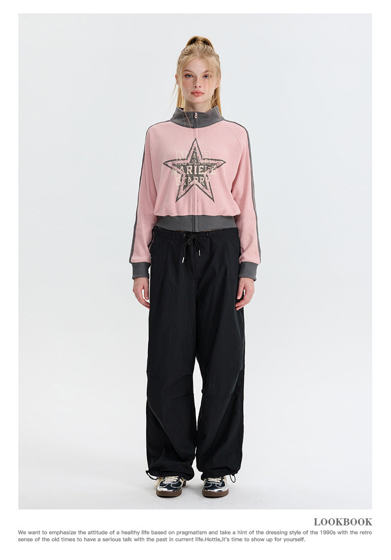 Retro Pink Star Contrast-Trim Cardigan Sweater