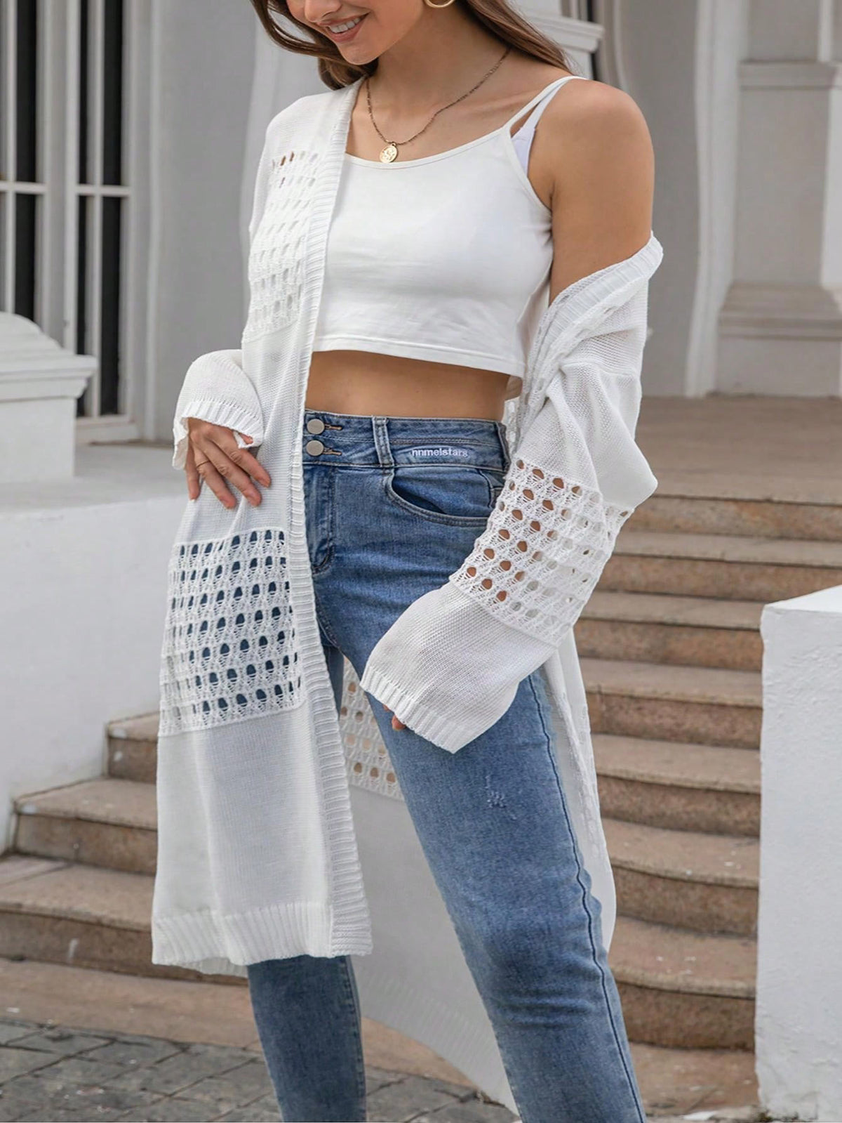 Open Front Mesh Knit Long Cover Up Hollow Patch Bell Sleeve Loose Cardigan