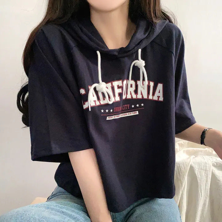 Casual Letter Print Short Sleeve Hooded Tee