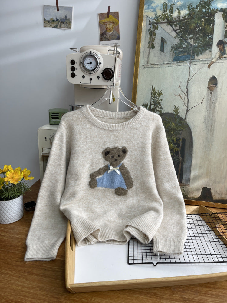 Japanese Bear Bow Cute Embroidery Autumn Winter Soft and Comfortable Sweater