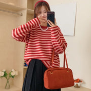 Round-neck Red Striped Long-sleeve Loose-fitting Base Sweater