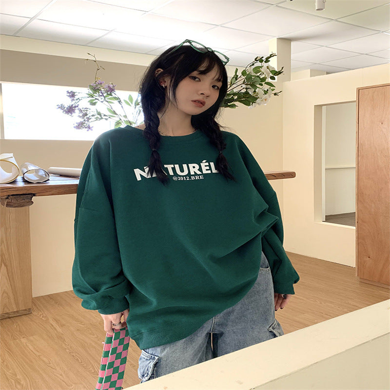 Cozy Fleece-Lined Letter Print Loose Long Sleeve Sweater